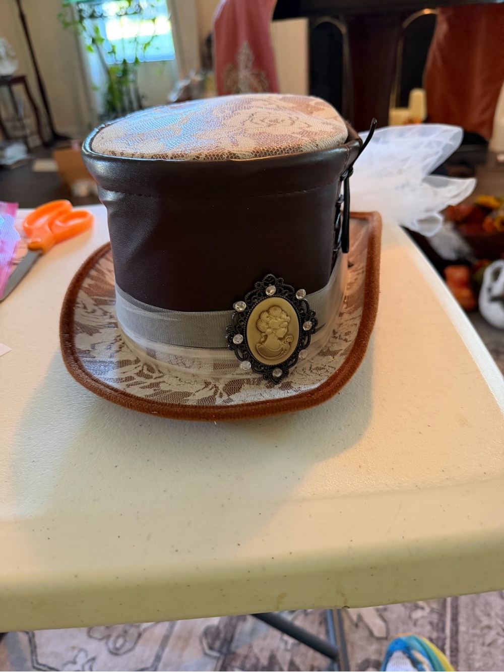 Brown Lace Mini Top Hat with Cameo Accent